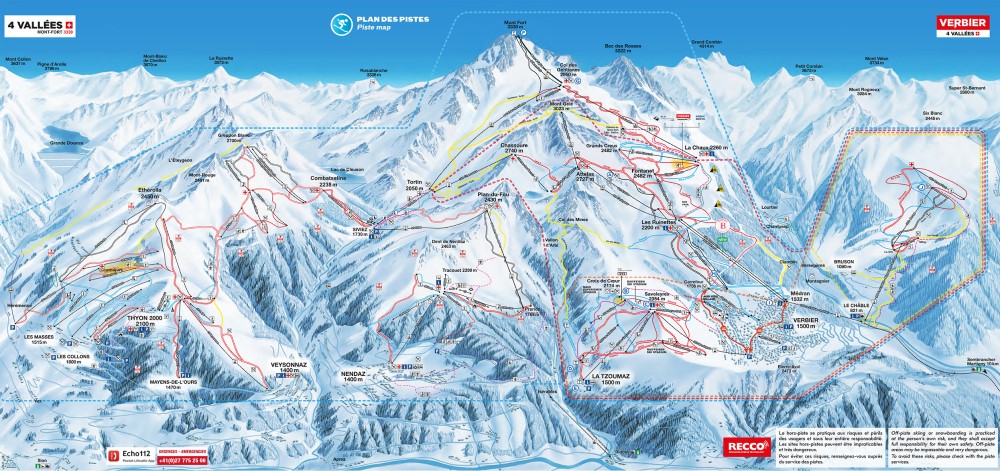 De pistekaart van 4 Vallées in Zwitserland.